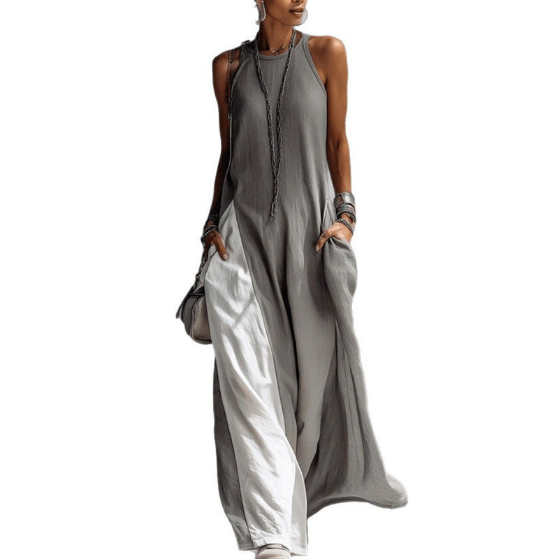 Women's Sleeveless Loose Pockets Contrast Color Casual Dress