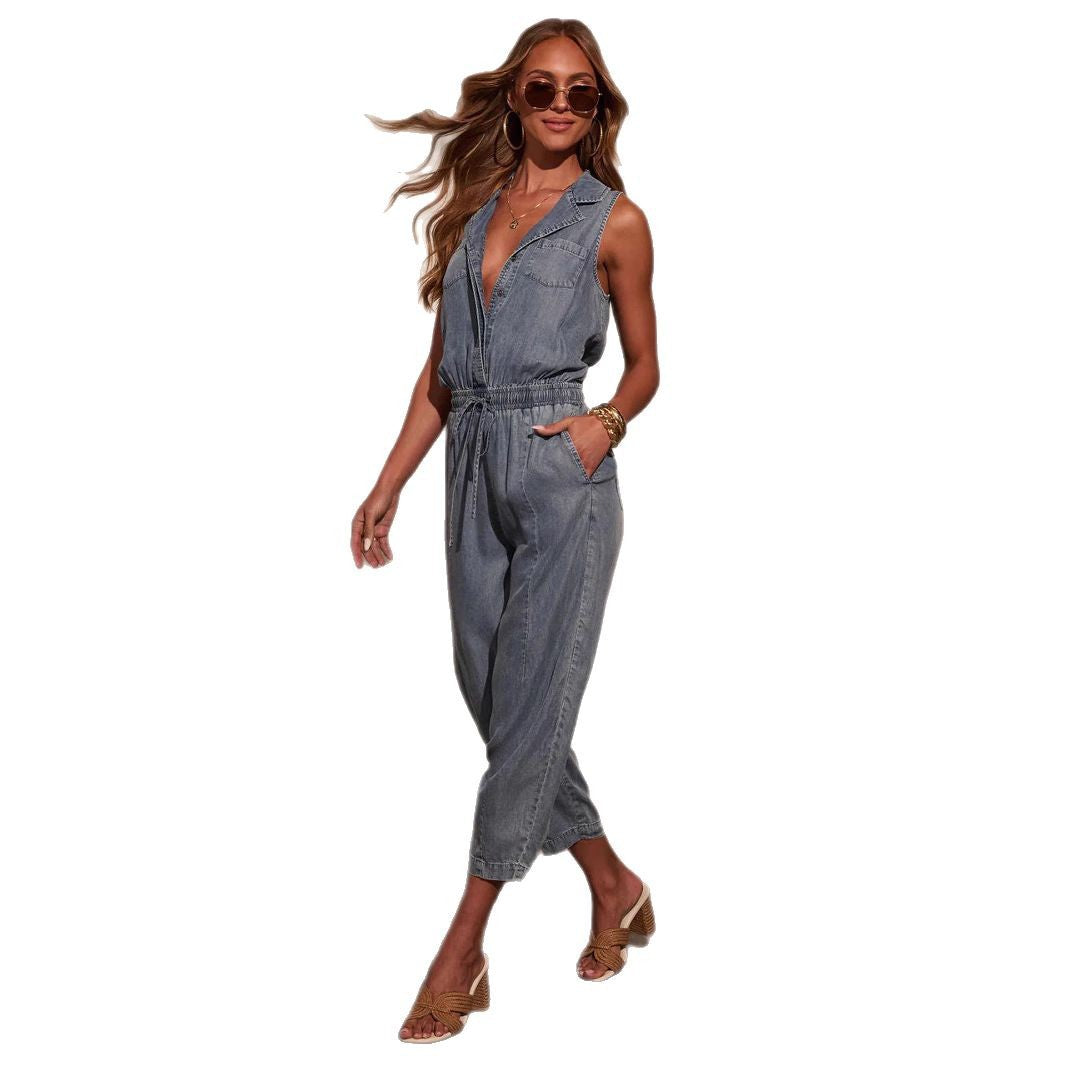 Women's Summer Leisure Washed-out Thin Denim Jumpsuits