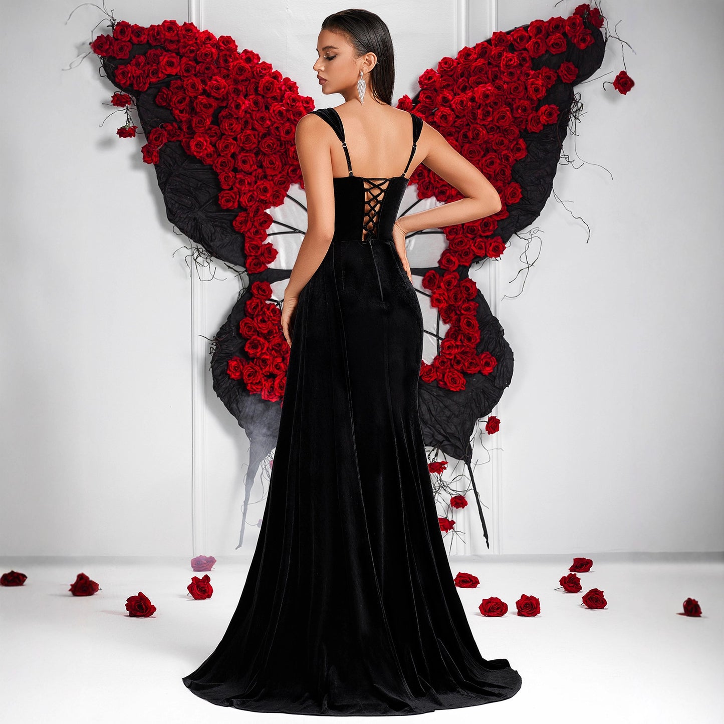 Black Veet Spaghetti Straps Colorful Crystals Beaded Slit Dress
