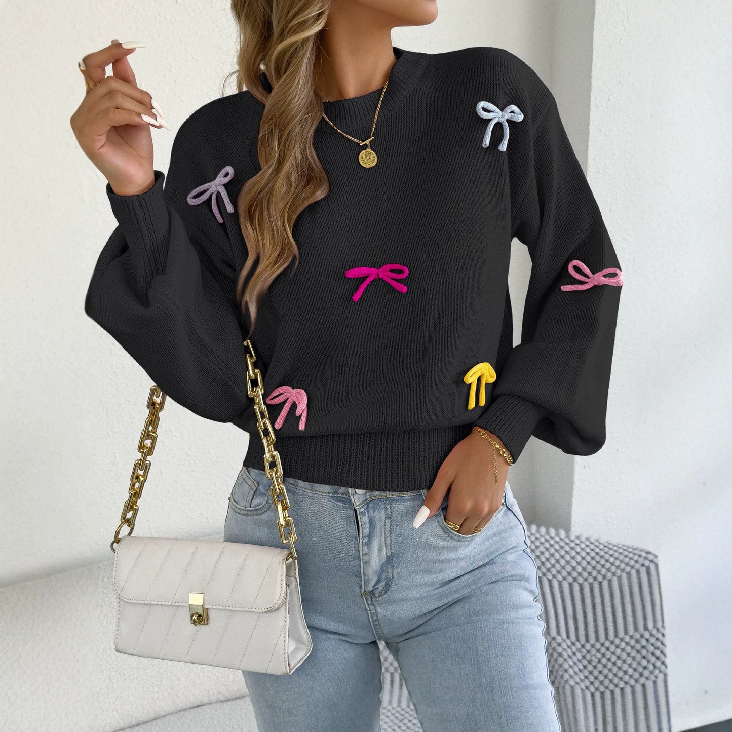 Women's Fashionable Color Bow Lantern Sleeve Fitted Sweater