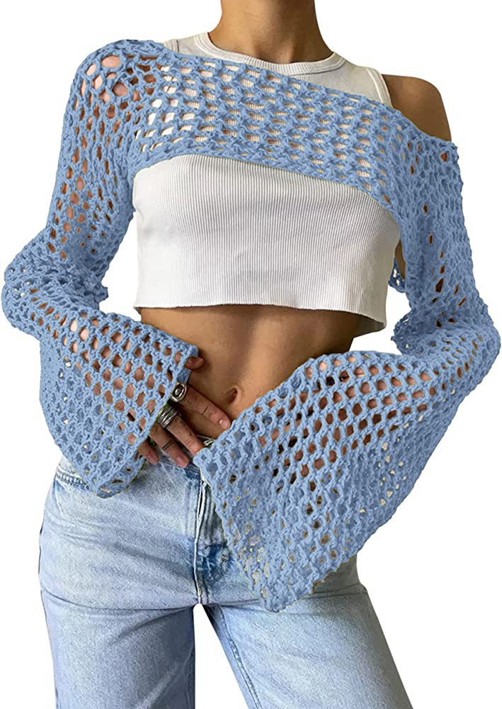 Women's Crochet Casual Bell Sleeve Sexy Mesh Women's Sweater