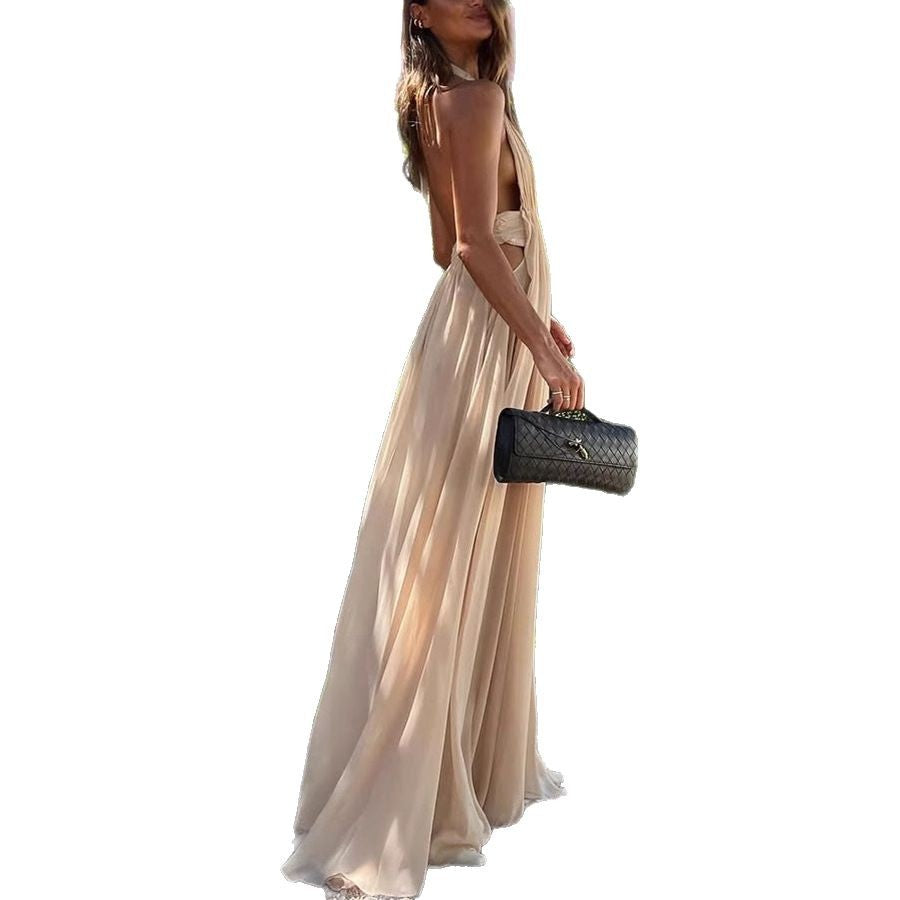 Women's Summer Deep Long Dress Pleated Halter Dresses