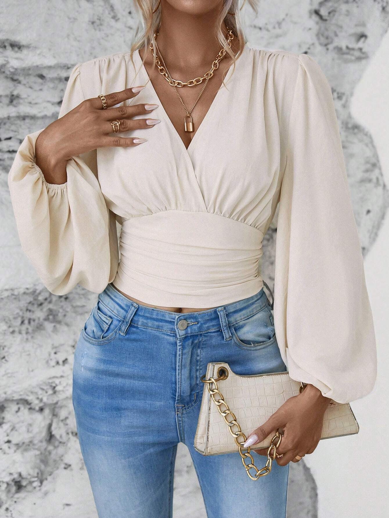 Women's Fashion Tight Waist Sleeve Solid Color Blouses