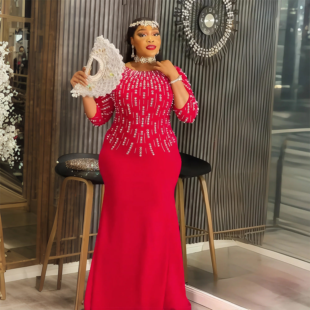 Women's African Fashion Rhinestone Formal Dress Solid Dresses