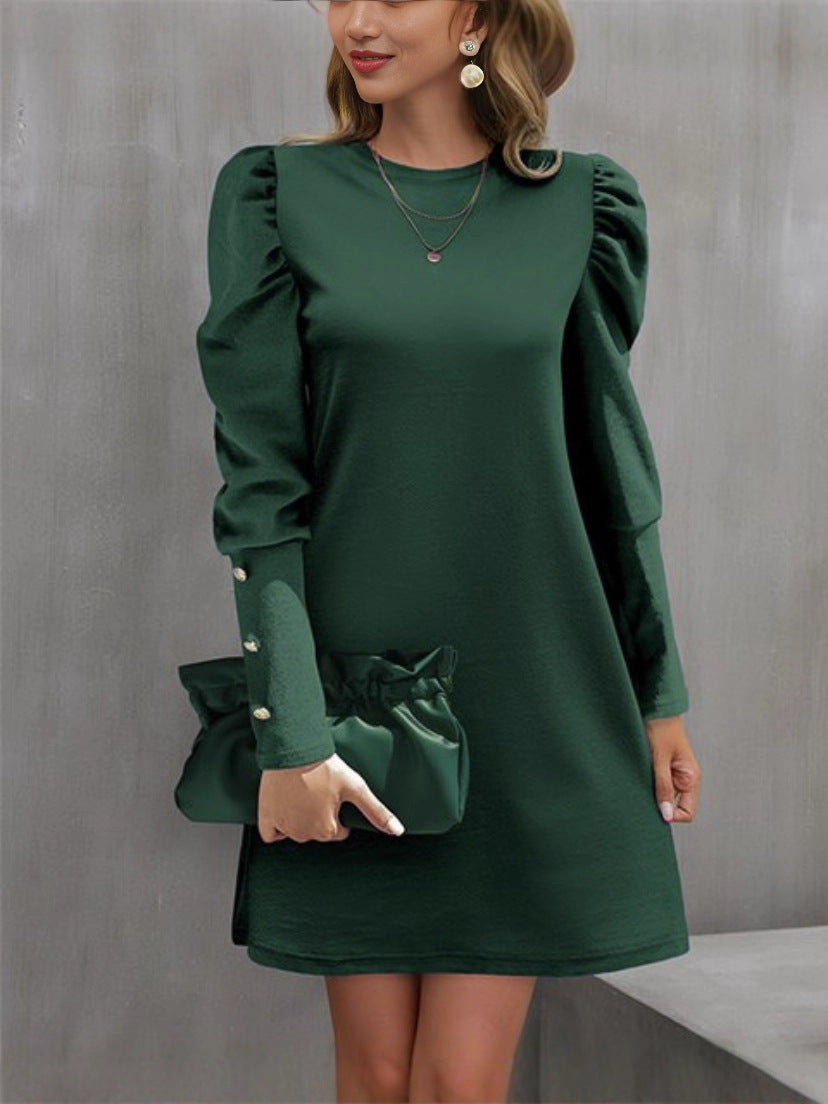 Women's Solid Color Round Neck Slim Bubble Dress