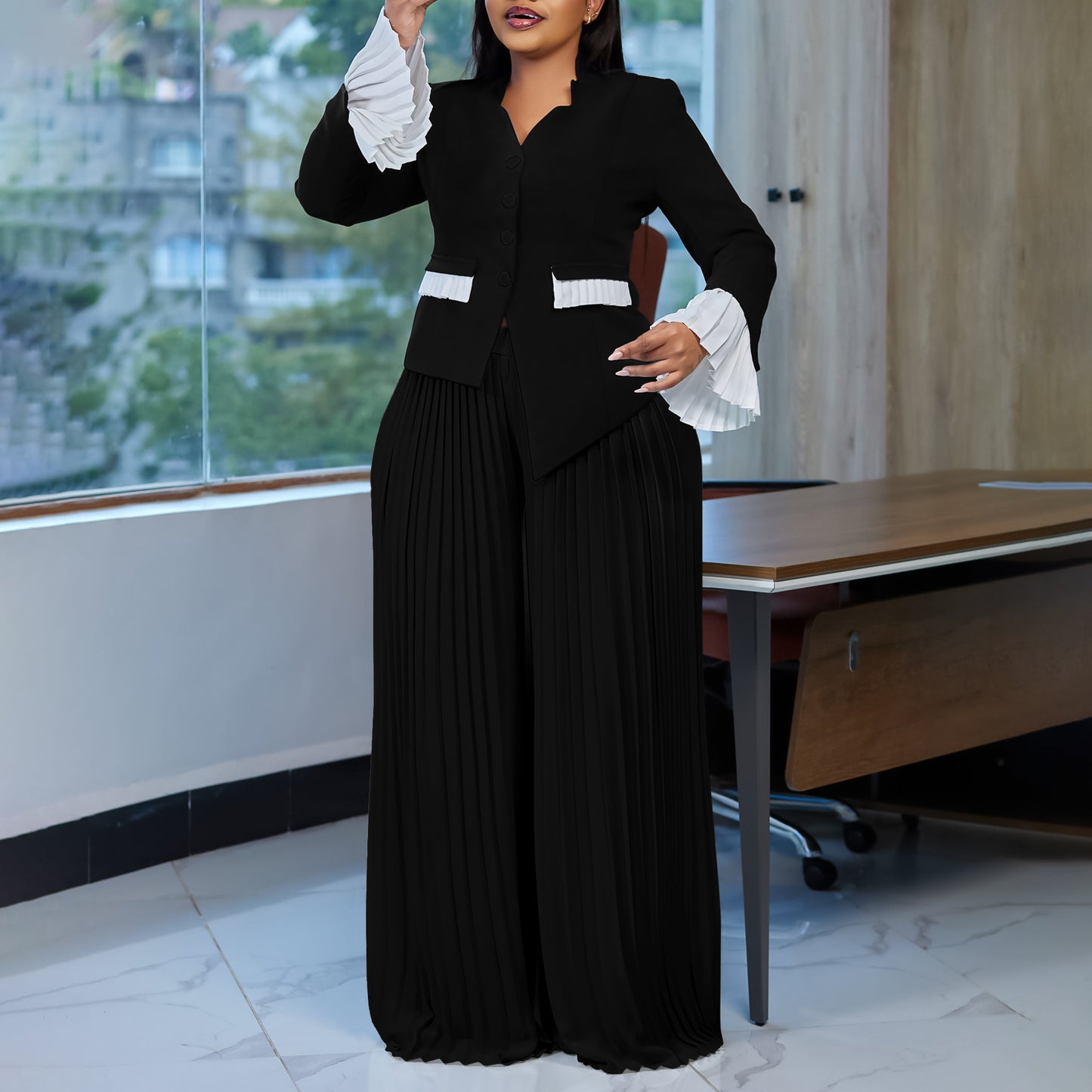 Women's Large Fashion Bell Sleeve Pleated Wide Leg Suits