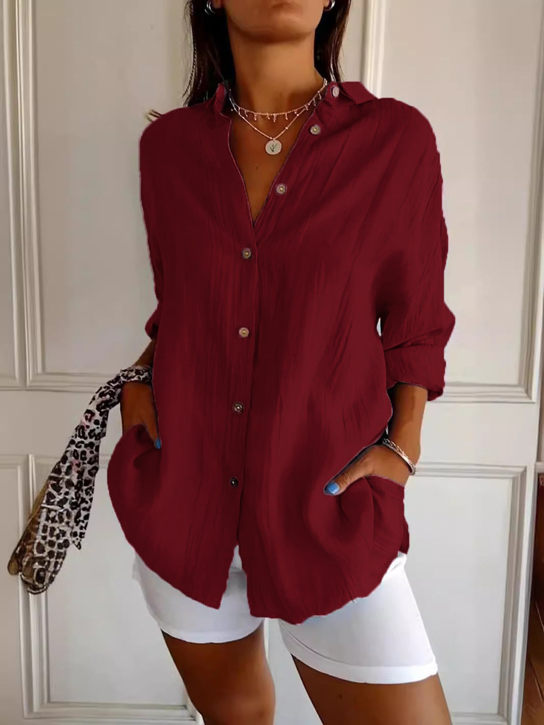 Women's Single-breasted Pleated Lapel Shirt Solid Color Blouses