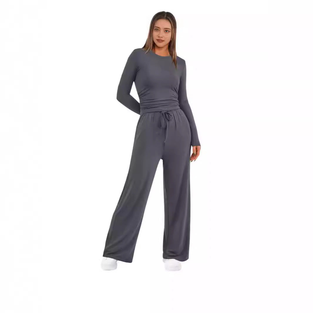 Autumn Solid Color Casual Waist Pleated Tops