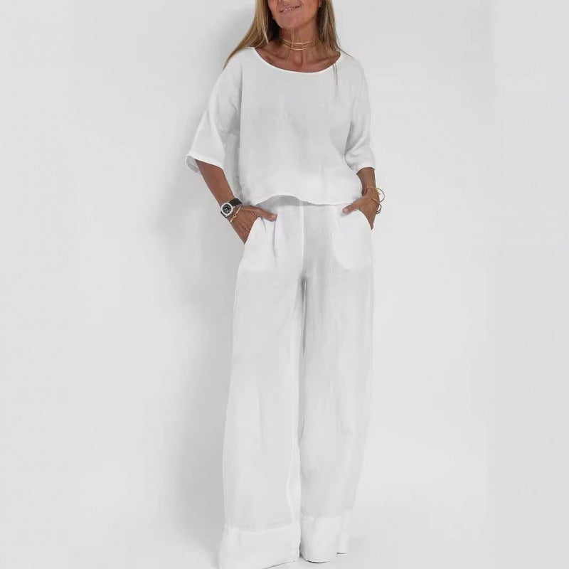 Women's Casual Loose Solid Color Sleeve Cotton Suits