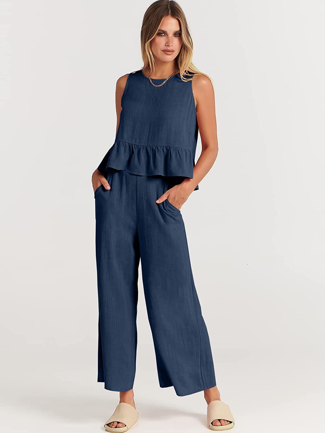 Women's Summer Sleeveless Pleated Wide Leg Cropped Pants