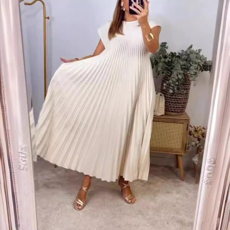 Women's Fashion Round Neck Sleeveless Pleated Dress Dresses