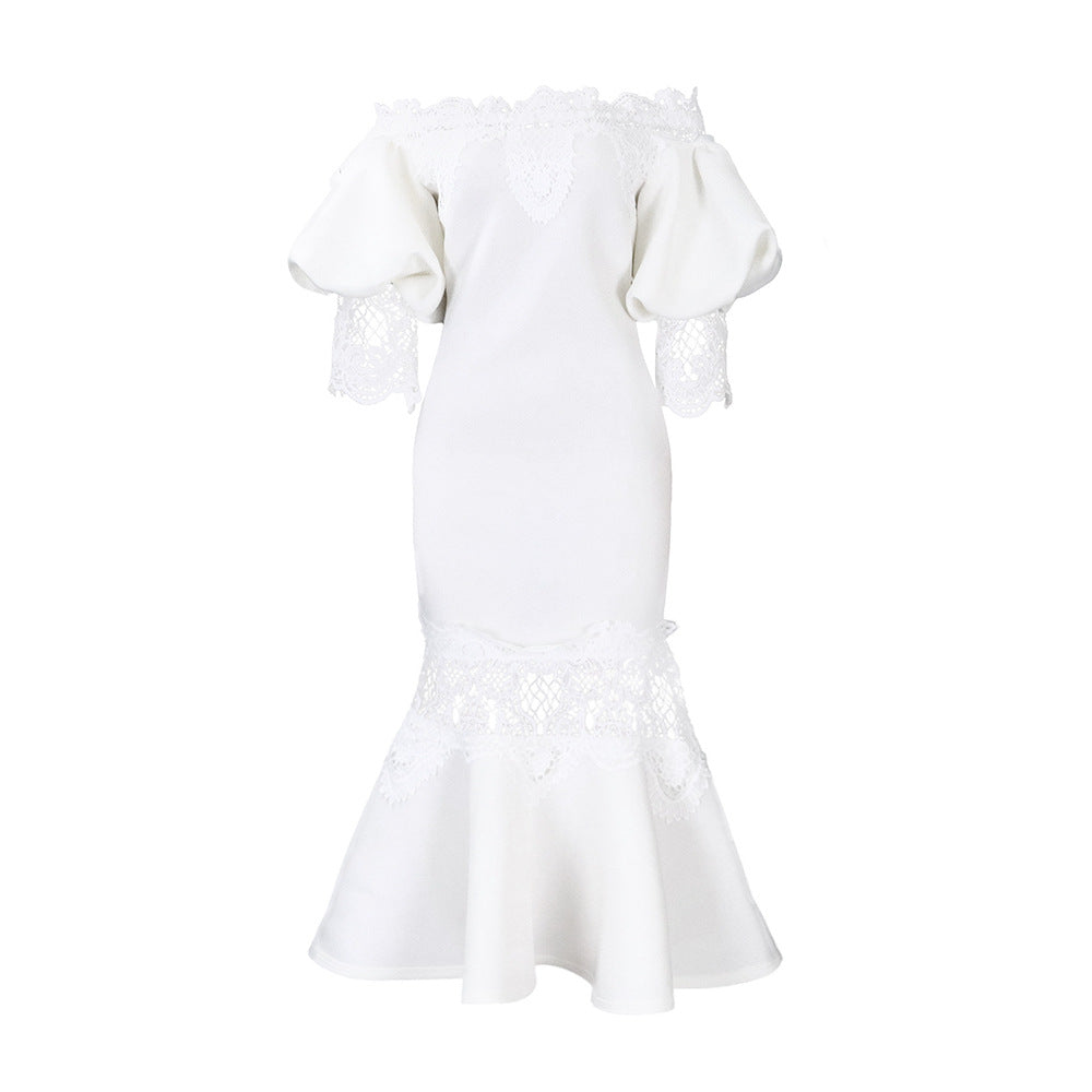 Women's Puff Sleeve Lace Stitching Banquet Fishtail Dress