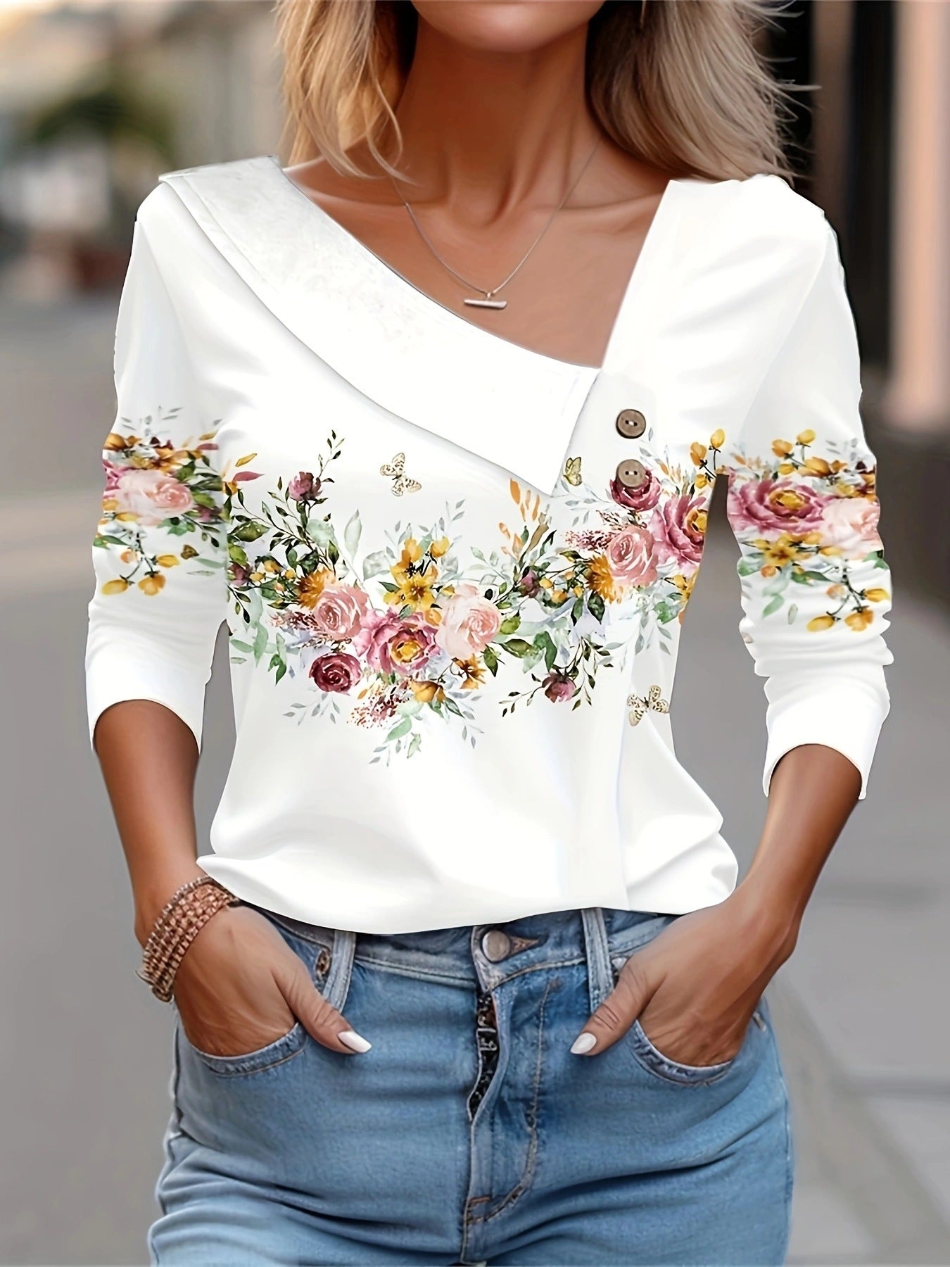 Women's Source T-shirt Long Sleeve Diagonal Collar Blouses