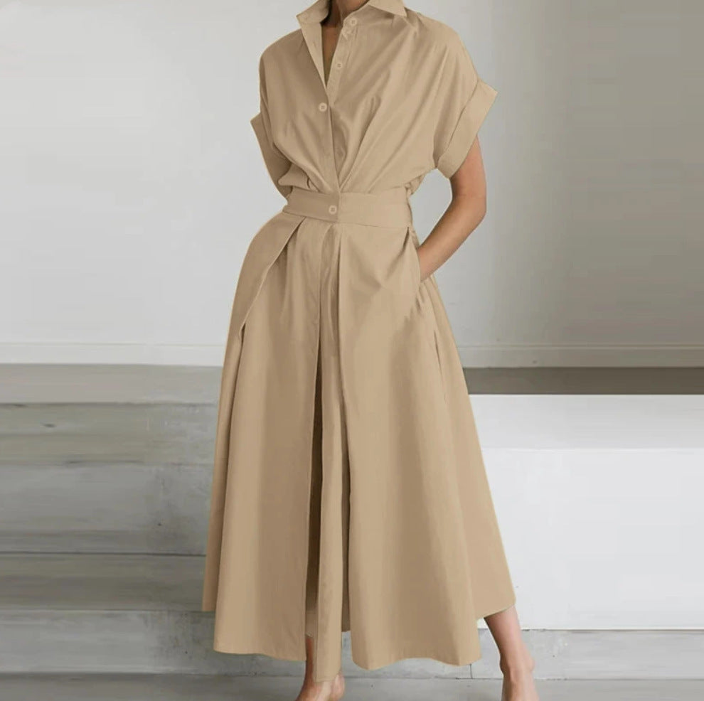 Solid Color Cotton Linen Elastic High Dress