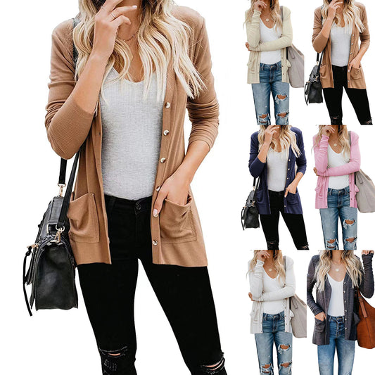 Women's Spring Loose Long Sleeve Rib Button Cardigans