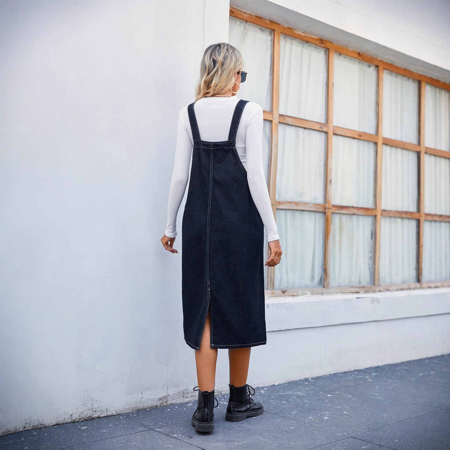 Charming Personalized Washed Denim Brace Midi Dress