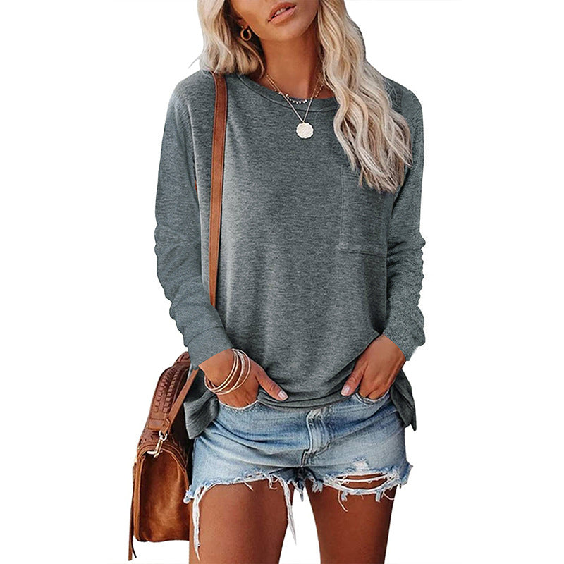 Women's Neck Pocket Split Long Sleeve Casual Tops