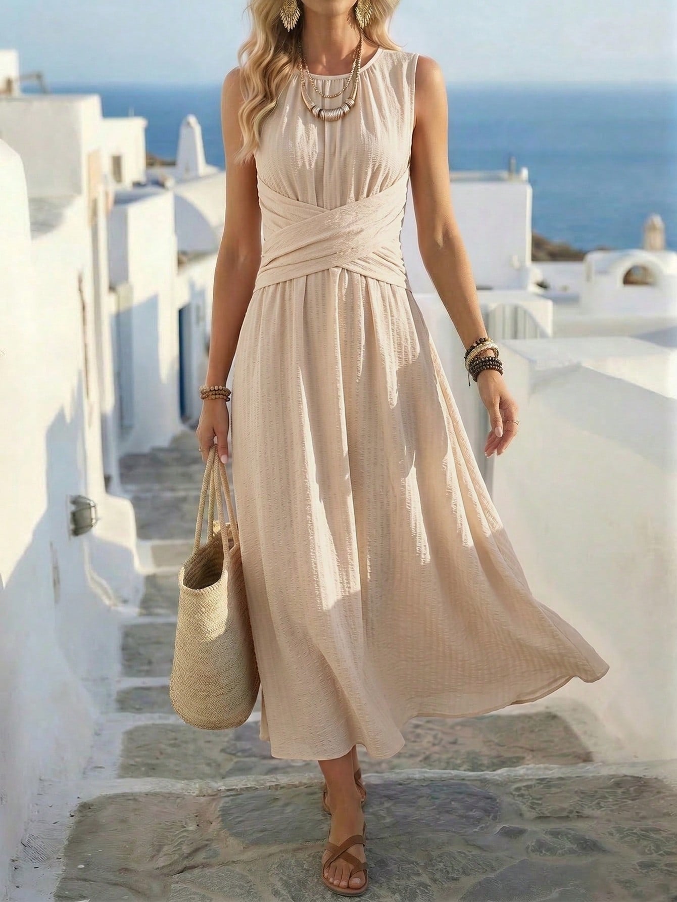 Women's Versatile Style Street Hipster Sleeveless Fitted Waist Pleated Slim Fit Dress