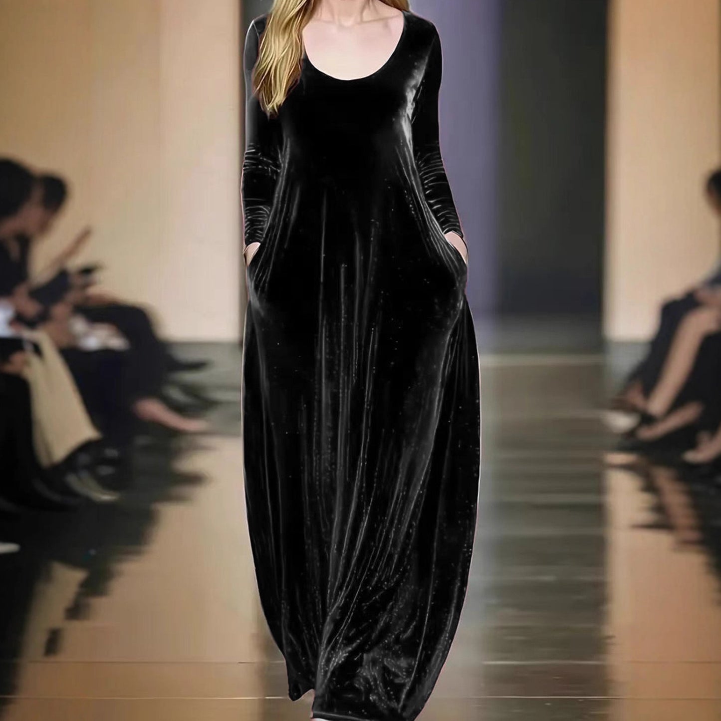 Round Neck Veet Elegant Long Sleeve Dress