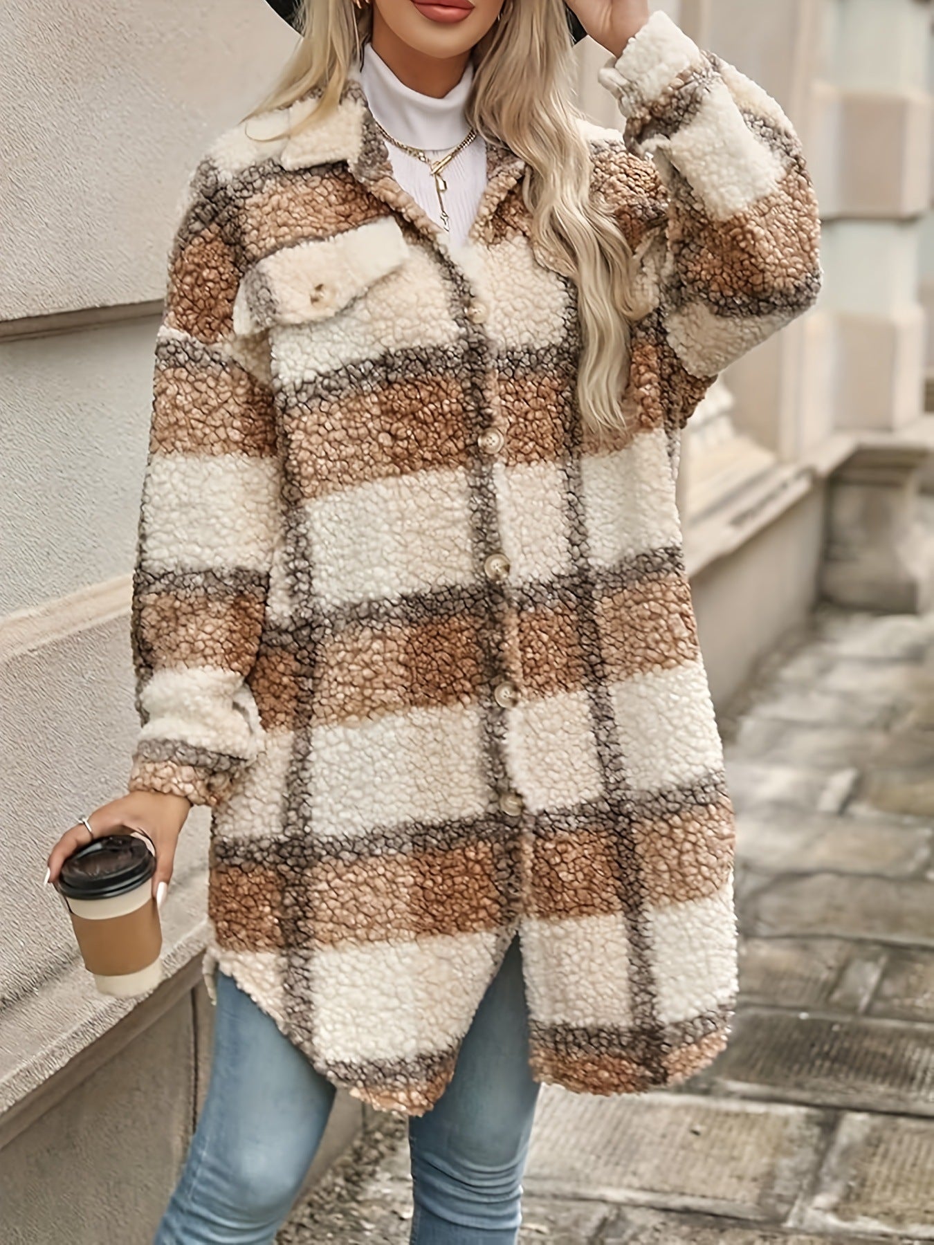 Women's Graceful Thickened Lapel Checked Woolen Coats
