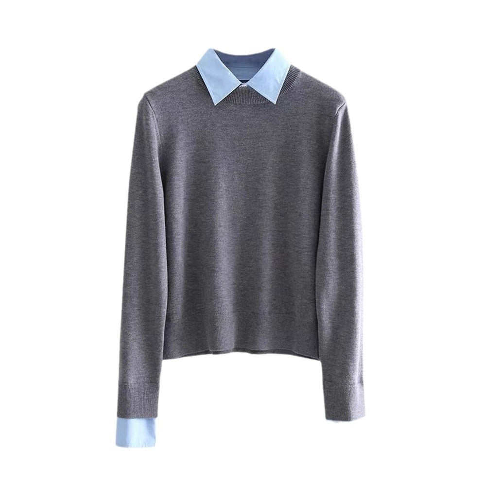 Women's Stitching Shirt Collar Fake Two-piece Knitted Sweater