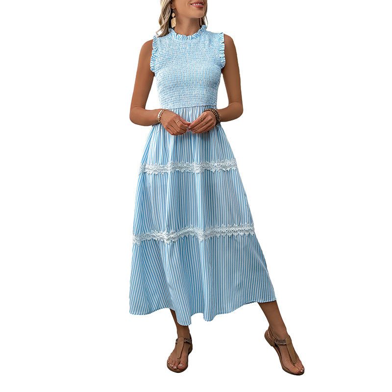 Women's Sleeveless Long Jumper Dress Smocking Striped Dresses