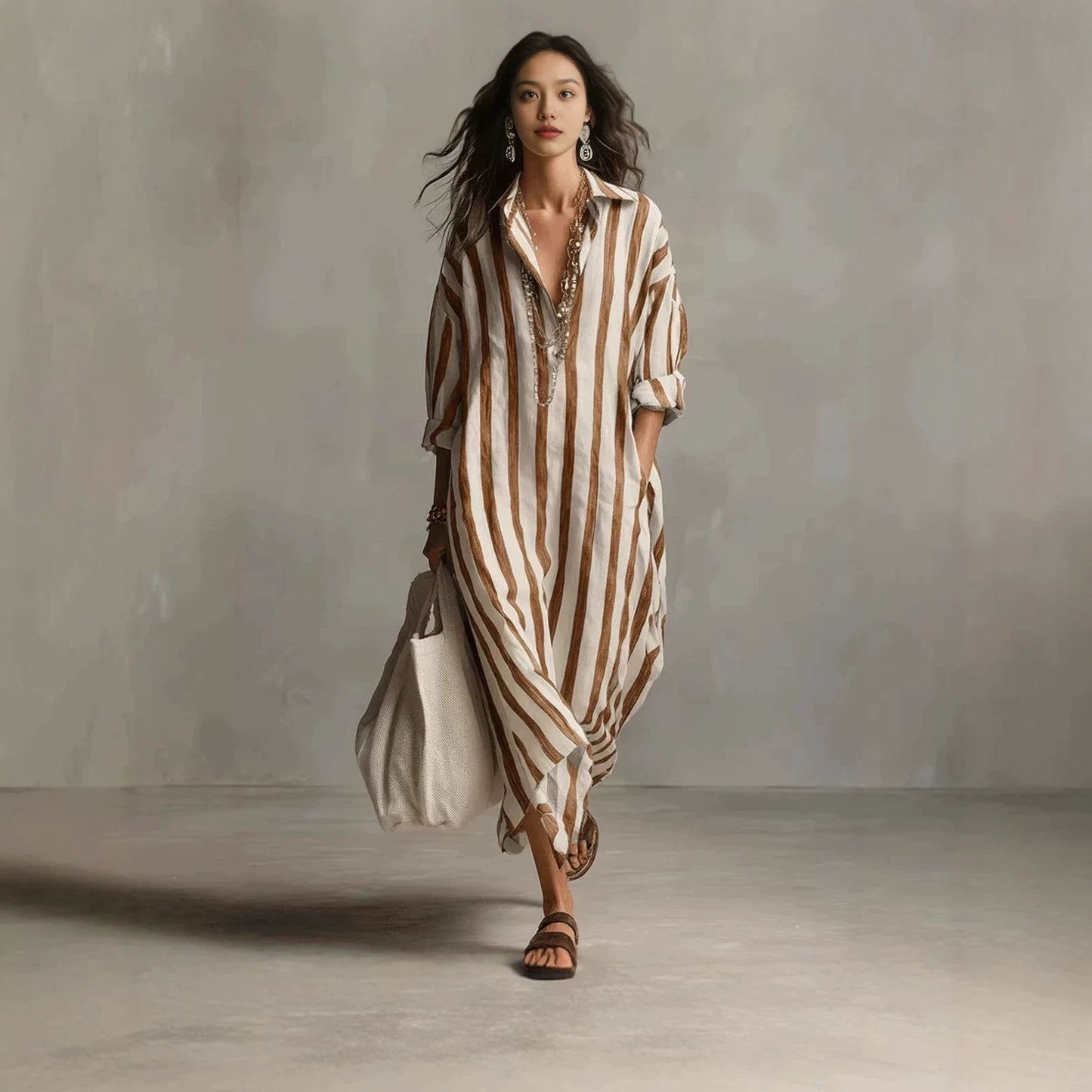 Striped Shirt Long Loose Pockets Idle Style Lapel Dress
