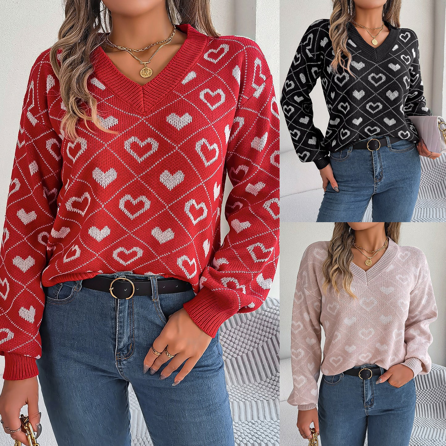 Women's Clearance Sweet Contrast Color Love Heart Lantern Sleeve Sweaters