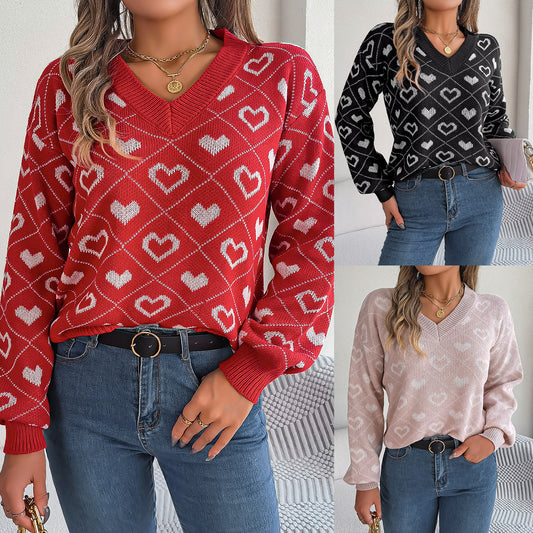 Women's Clearance Sweet Contrast Color Love Heart Lantern Sleeve Sweaters