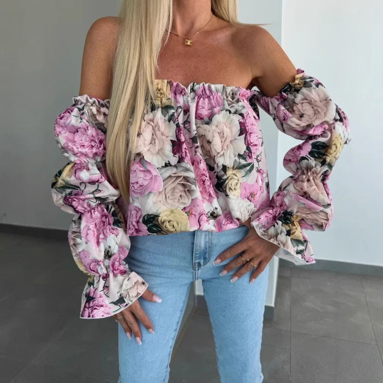 Women's Spring Puff Sleeve Floral Sexy Waist Trimming Blouses