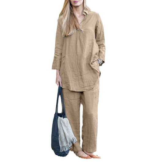 Long Sleeves Shirt Wide Leg Solid Pants