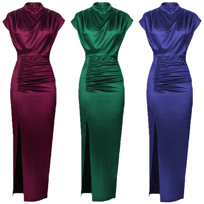 Turtleneck Satin Solid Color Slit Hemline Style Dress