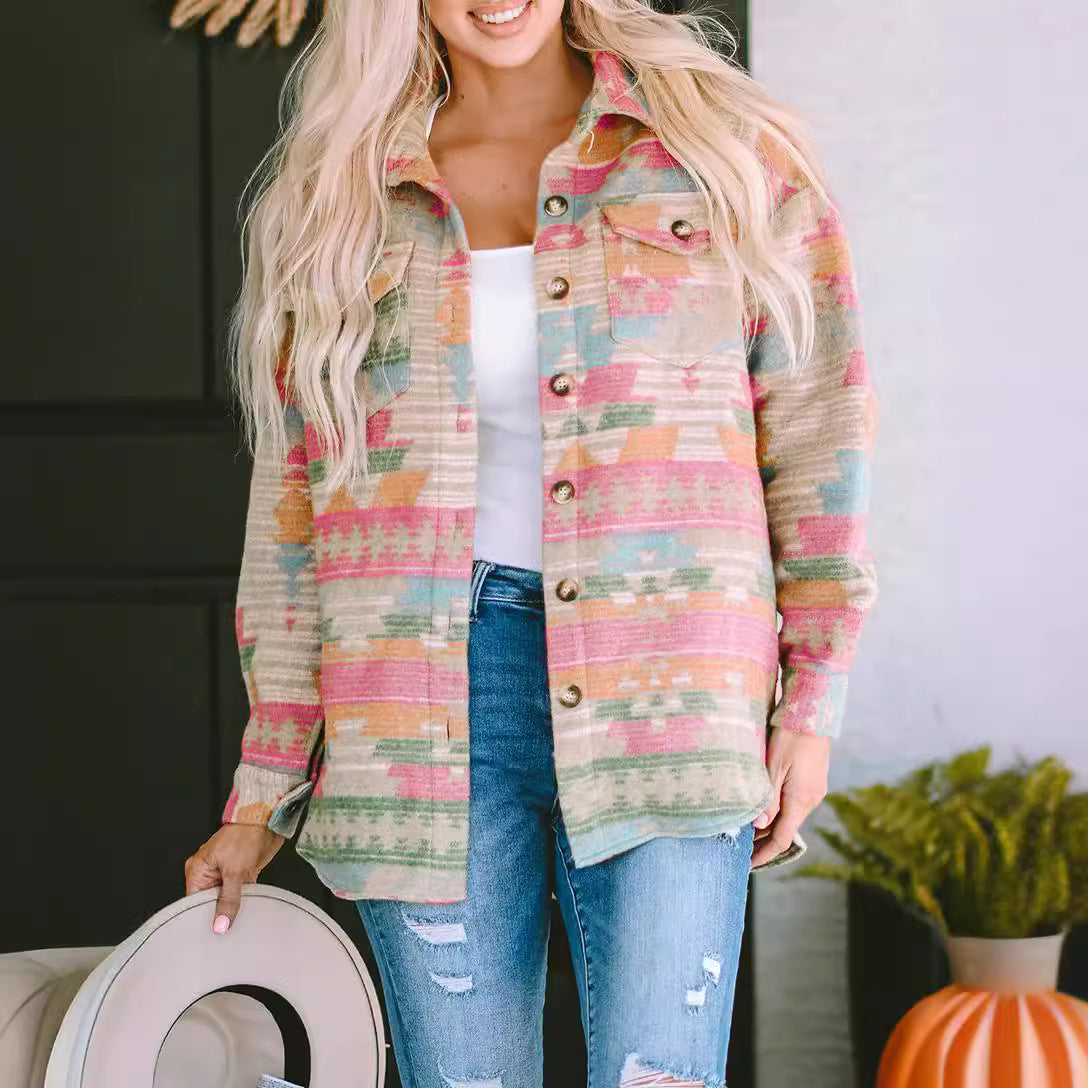 Women's Winter Fashion Retro Pattern Long-sleeved Woolen Coats
