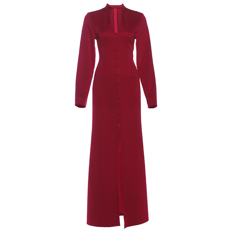 Autumn French Style Temperament Solid Color High Waist Dresses
