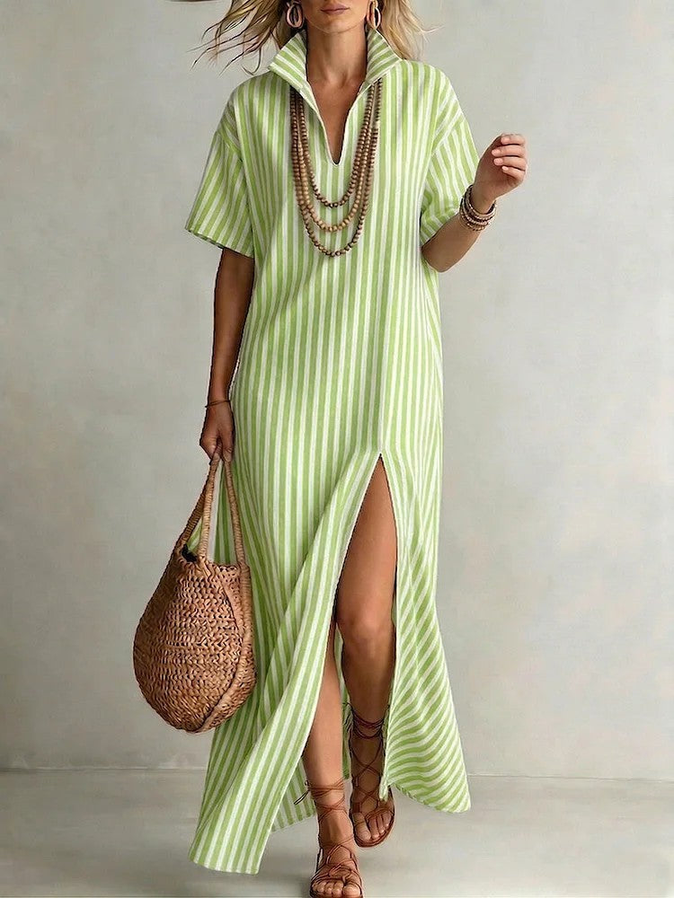 Women's Summer Sleeve Striped Slit Cotton Linen Shorts