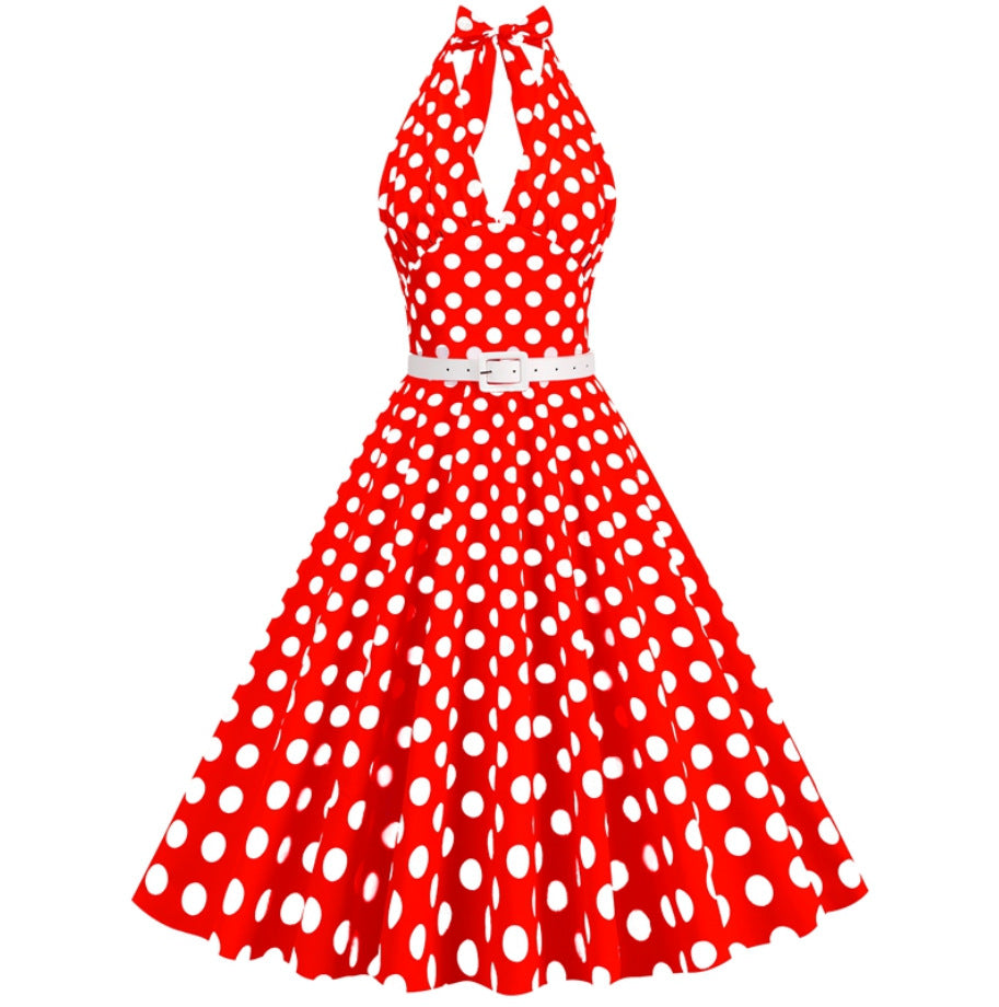 Women's Polka Dot Stitching Belt Halter Hepburn Dresses