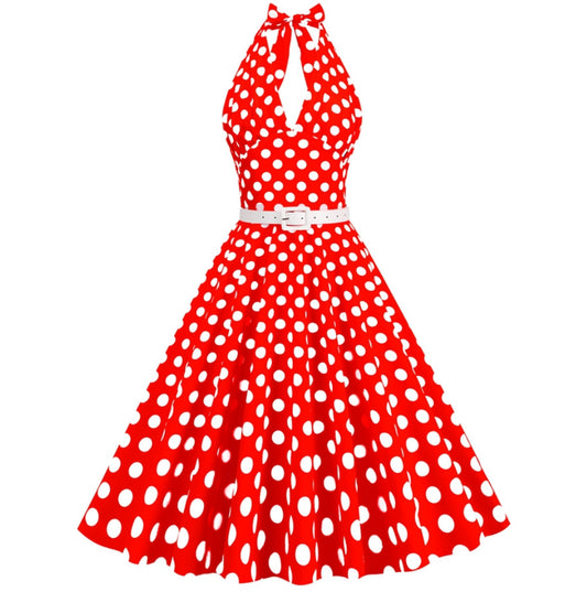 Women's Polka Dot Stitching Belt Halter Hepburn Dresses