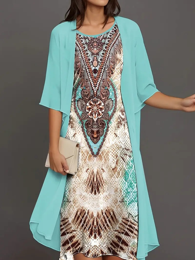 Summer Printed Long Sleeve Loose Two-piece Dress