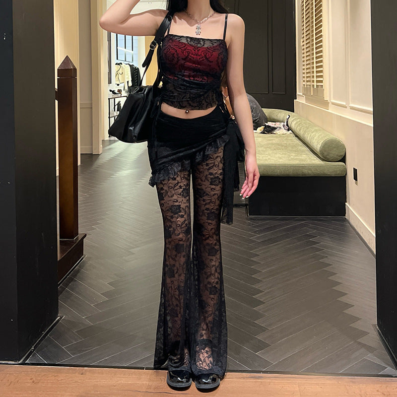 Women's Flocking Strap Tube Elegant Lace Bell-bottom Asymmetric Tops