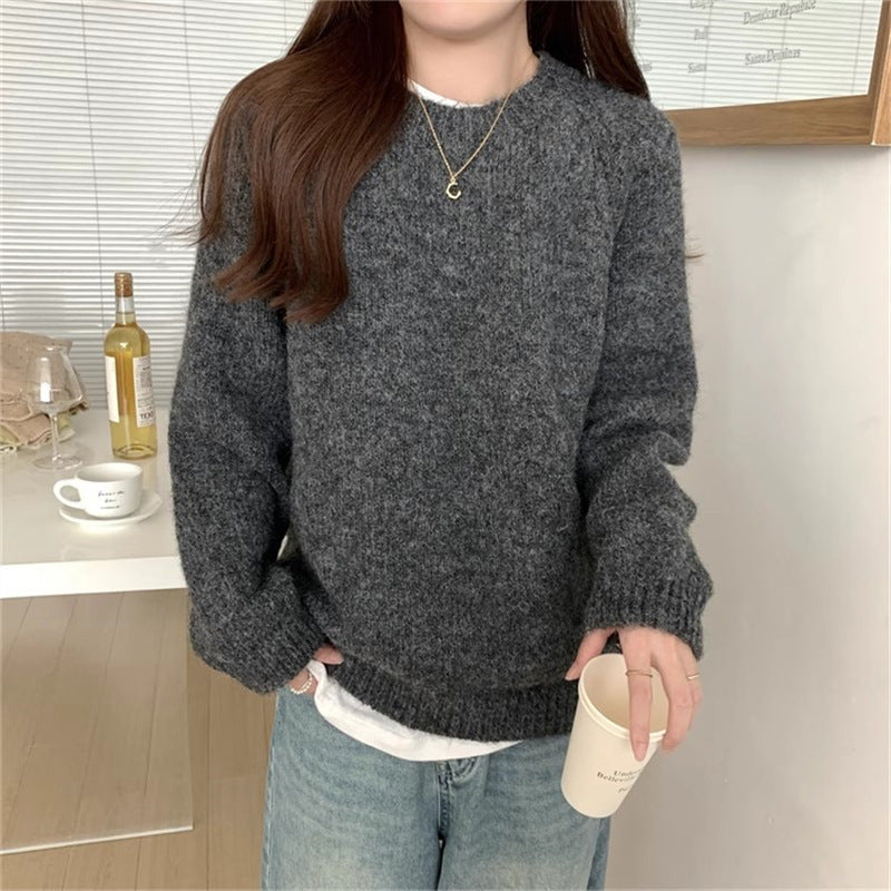 Women's Retro Lazy Style Solid Color Round Neck Loose Pullover Sweater