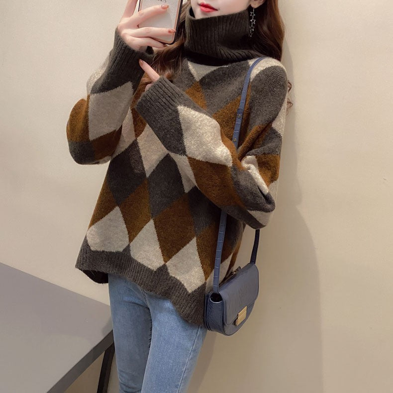 Women's Design Temperament Commute High Collar Loose Versatile Contrast Color Rhombus Sweater