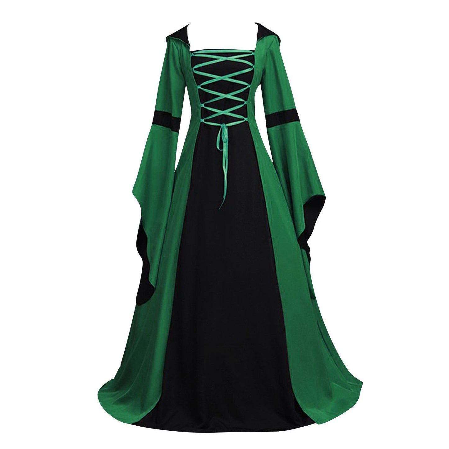 Retro Hooded Square Collar Lace Up Bell Sleeve Large Swing Dress