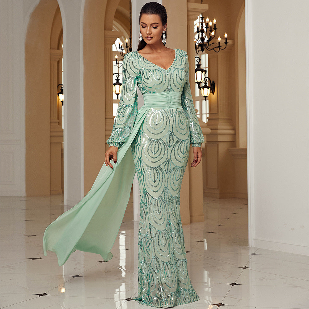 Women's Long Sleeve Sexy Sequined Banquet Ribbon Dresses