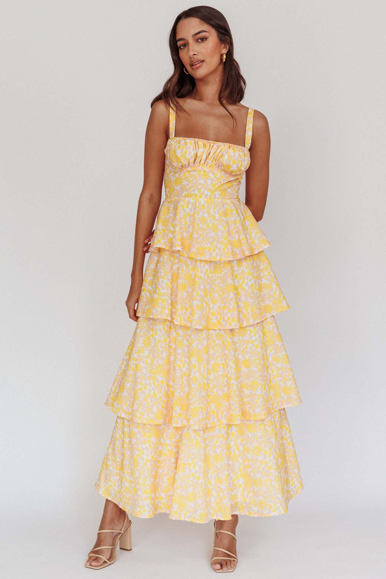 Women's Waist Trimming Spaghetti Straps Printed Long Dresses