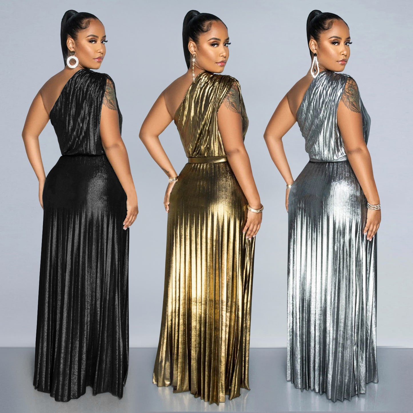Women's Wear Elegant Bronzing Slant Shoulder Sleeveless Solid Dresses