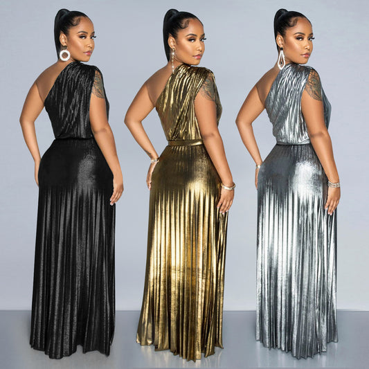 Women's Wear Elegant Bronzing Slant Shoulder Sleeveless Solid Dresses