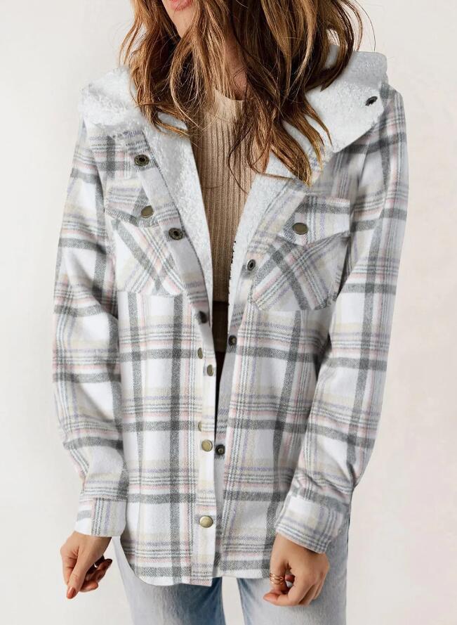 Women's Plaid Long Sleeve Furry Hooded With Coats