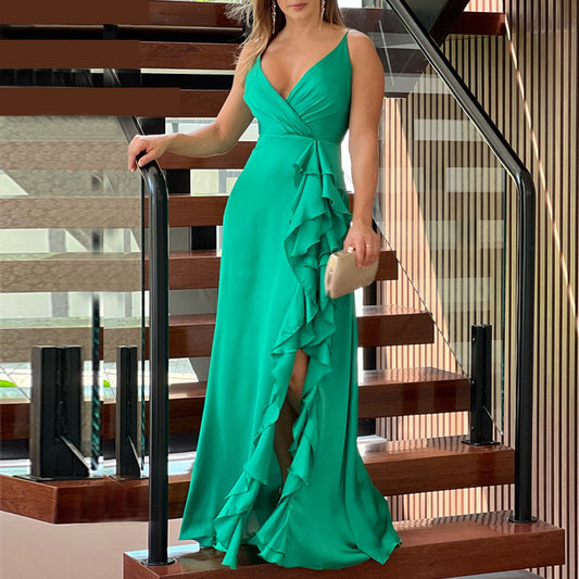 Women's Summer Brace High Waist Ruffles Irregular Slit Dresses