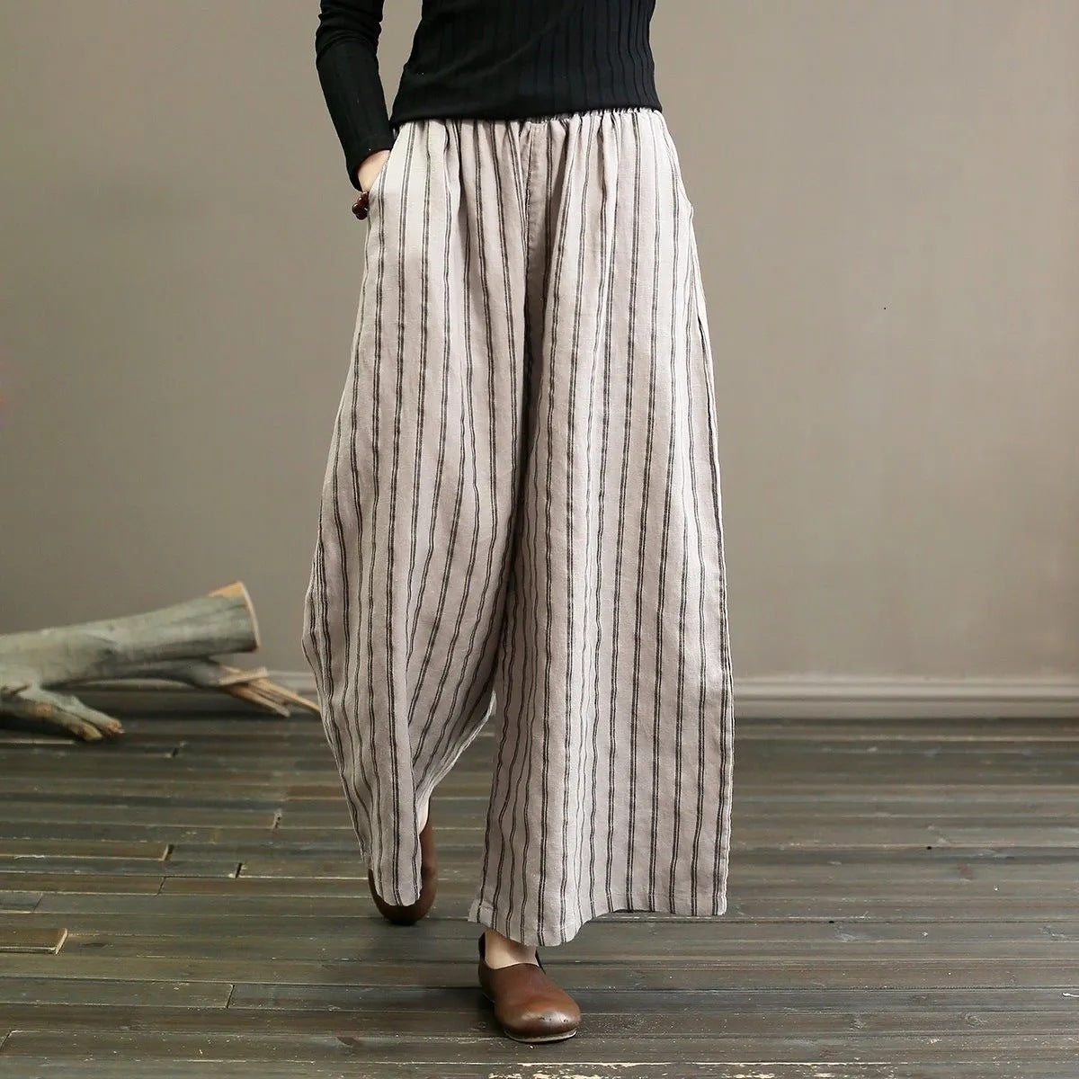Women's Cotton Linen Stripes Summer Slimming Drape Casual Pants