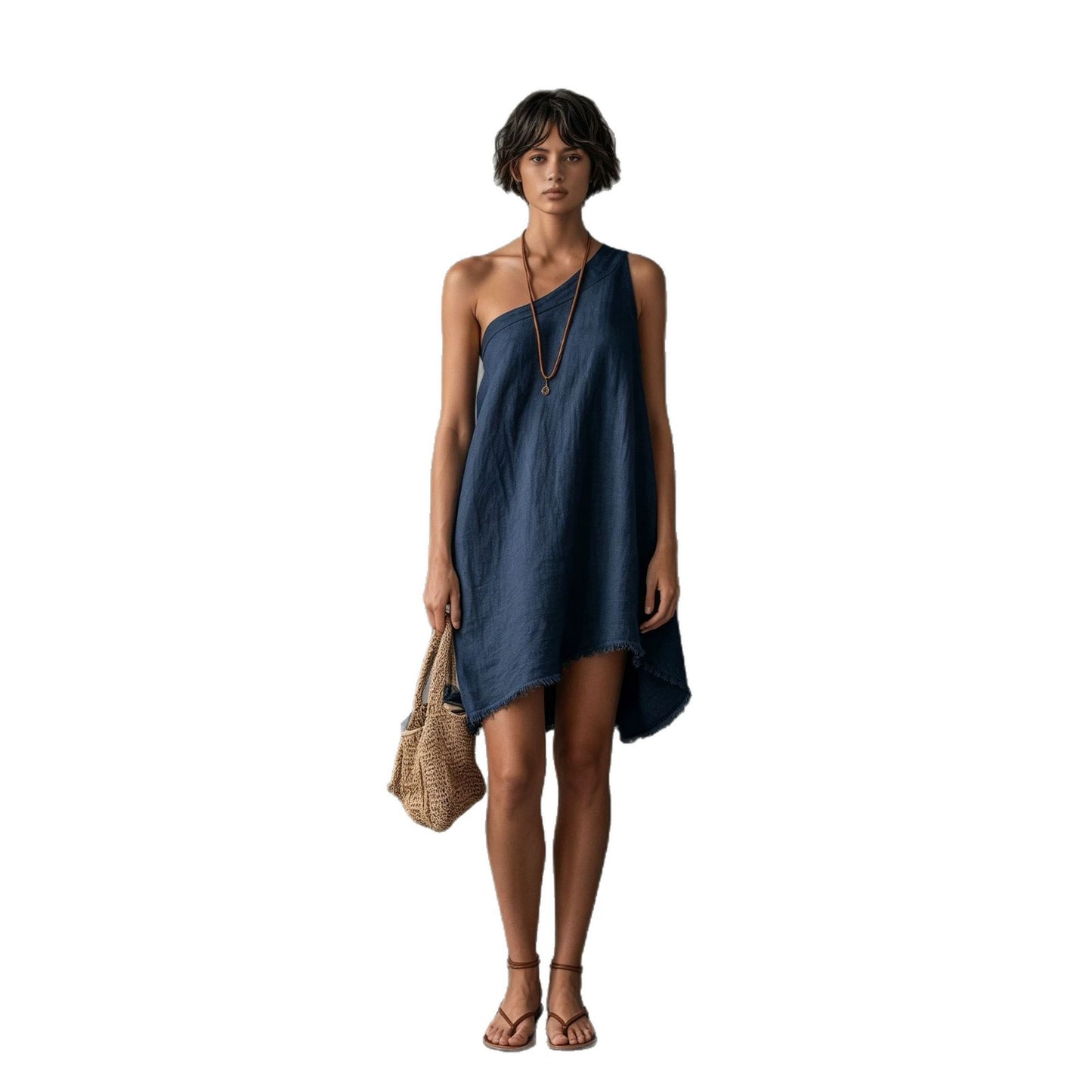 Women's Minimalist Linen Blend Shoulder Sleeveless Frayed Dress